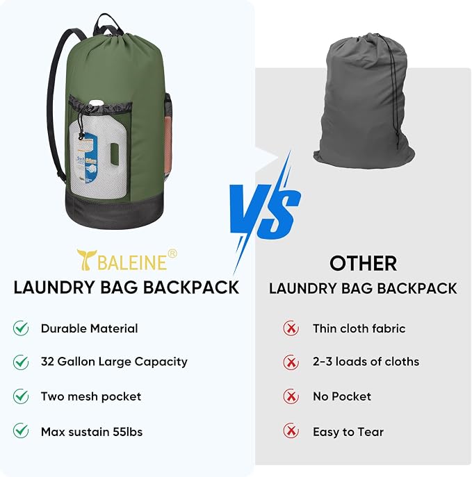 BALEINE 2PK 120L Laundry Bag Backpack, 900D Oxford Fabric Large Travel Laundry - Image 6