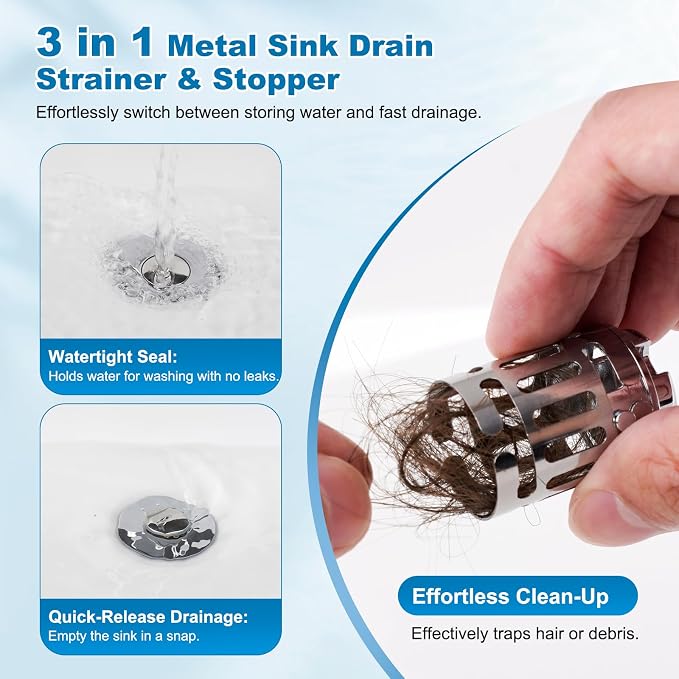 Hibbent Universal Bathroom Sink Drain Strainer, 3 in 1 Pop Up Stopper | - Image 5