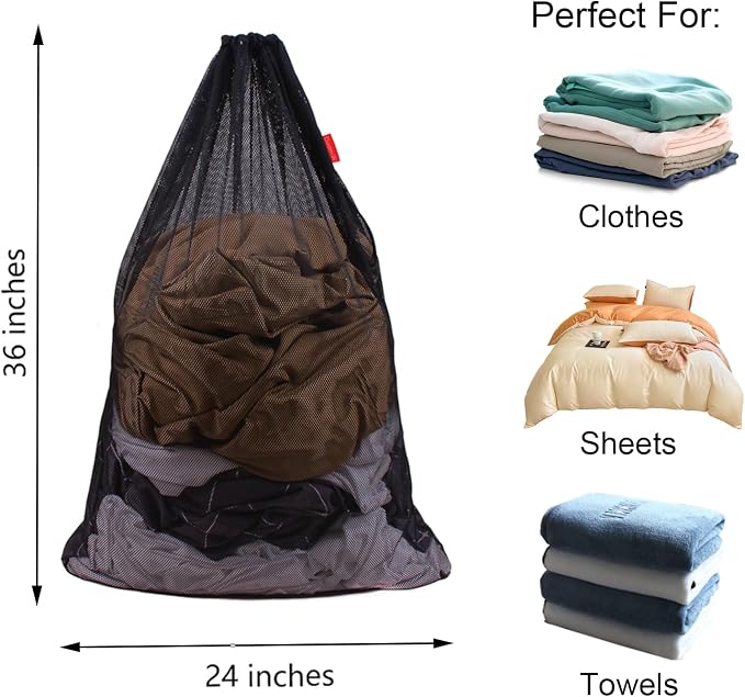 2 Pack Mesh Laundry Bags 24 x 36 Inches Drawstring Bag Black&White - Image 2