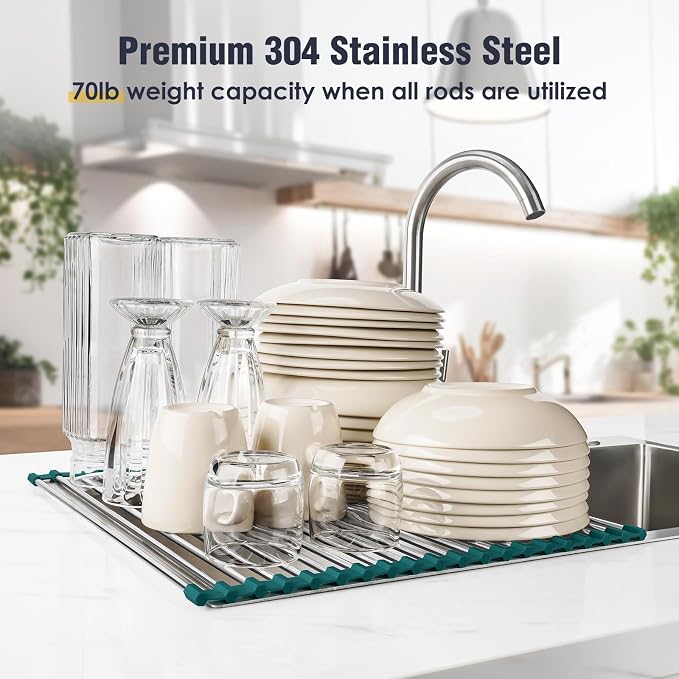 Tomorotec Roll Up Dish Drying Rack Over Sink, 304 Steel, DarkGreen | Anti-Slip - Image 5