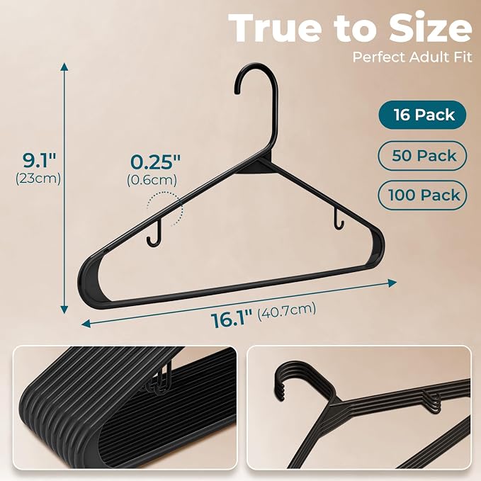 HOUSE DAY Black Plastic Hangers 16 Pack, Slim Space-Saving Clothes Hangers | - Image 3