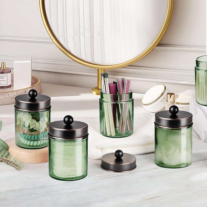 Amolliar Green Glass Qtip Holder Apothecary Jar, Bathroom Decor, ORB 4 Pack - Image 5