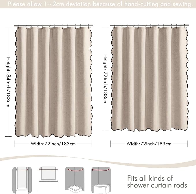 MIULEE 72"x84" Extra Long Scalloped Linen Shower Curtain Beige - Image 6