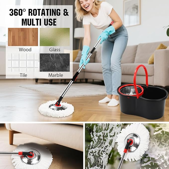 Spin Mop and Bucket with Wringer Set, 3 Microfiber Mop Heads - Image 6