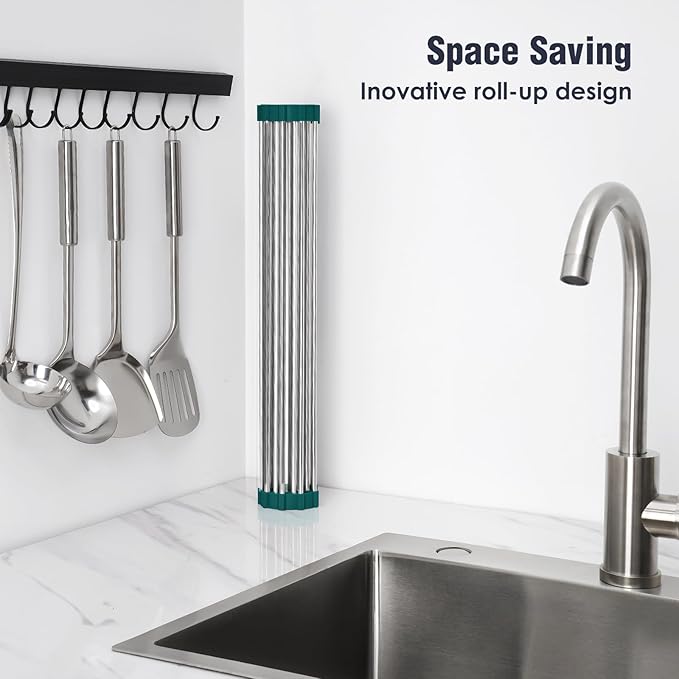 Tomorotec Roll Up Dish Drying Rack Over Sink, 304 Steel, DarkGreen | Anti-Slip - Image 3