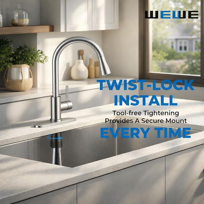 WEWE High-Arc Pull-Down Kitchen Faucet, Brushed Nickel, 3-Mode Sprayer | Soft - Image 8