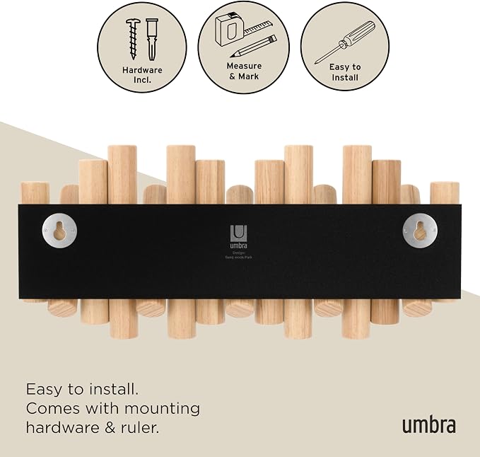 Umbra Picket Coat Rack, Wall Mount 5 Flip-Down Coat Hooks, Natural | Beveled - Image 6