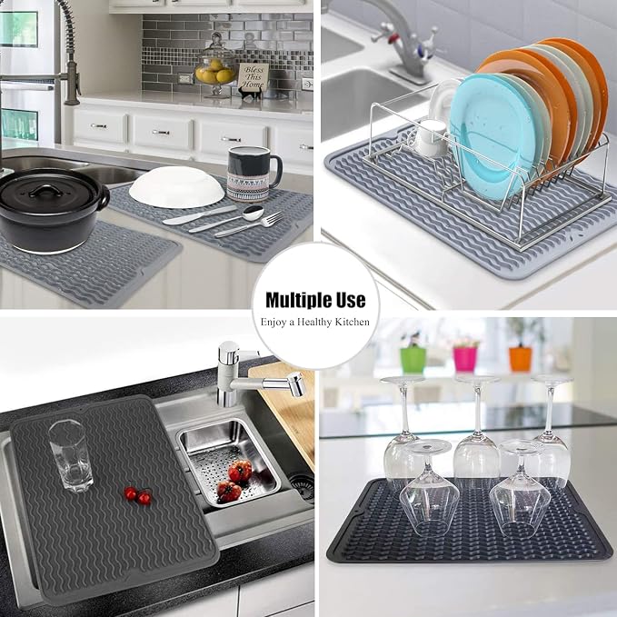Silicone Dish Drying Mat, Non-Slip Easy Clean Sink Mat, Dark Blue, Large - Image 7