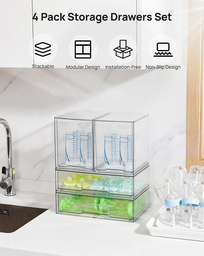 Vtopmart Clear Stackable Storage Drawers Set of 4, Baby Bottle Organizer | - Image 3