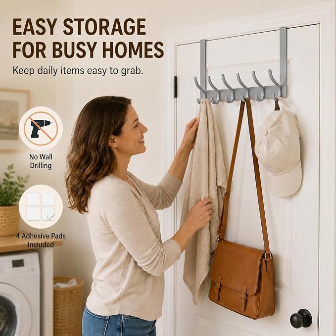 Peasulin Over The Door Hooks, 1 Pack Grey Door Hanger Rack | - Image 2