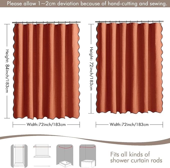 MIULEE 72"x84" Extra Long Scalloped Linen Shower Curtain Burnt Orange - Image 6