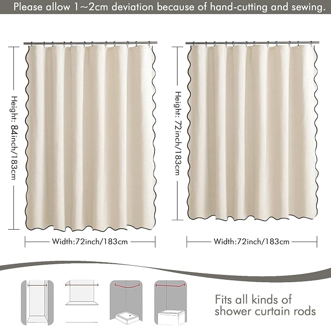 MIULEE 72"x90" Extra Long Scalloped Linen Shower Curtain Ivory - Image 6