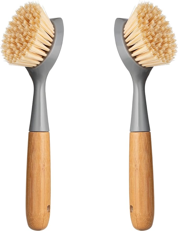 2 Pack Kitchen Dish Brush Bamboo Handle Dish Scrubber Built-in Scraper | Scrub by Songtaste