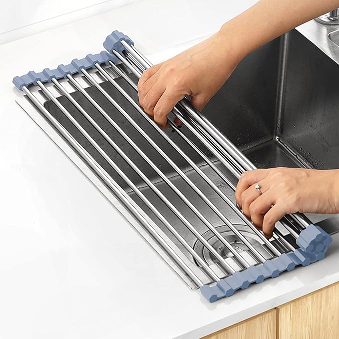 Over The Sink Dish Drying Rack, Stainless Steel Roll Up Dish Drying Rack by MECHEER