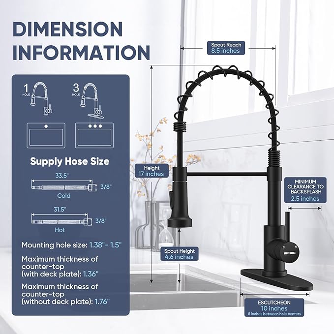 WEWE Pull-Down Kitchen Faucet, 2-Mode Sprayer, Matte Black, High Arc | 17-Inch - Image 3
