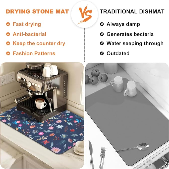 LOKHOM 18"x24" Dish Drying Mat，Colorful Floral Coffee Mat Blue | Colorful - Image 6