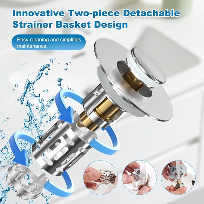 Hibbent Universal Bathroom Sink Drain Strainer, 3 in 1 Pop Up Stopper | - Image 2