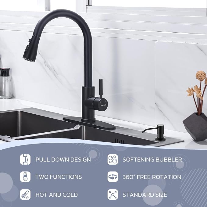 WEWE Kitchen Faucet with Soap Dispenser Set, Matte Black | 3-Mode Sprayer - Image 2