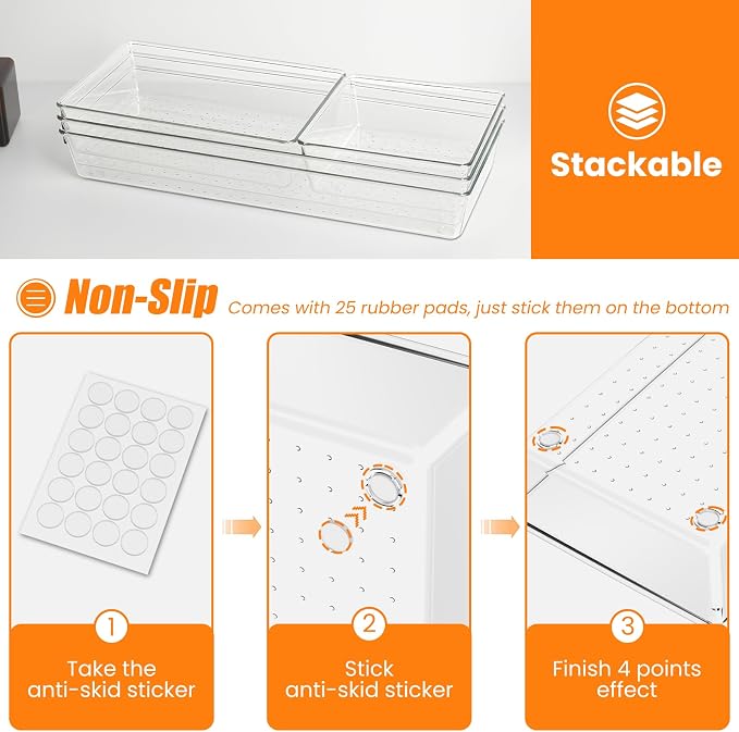 22 Pcs Drawer Organizer Bins, Acrylic Non Slip Kitchen Drawer Organizers - Image 3