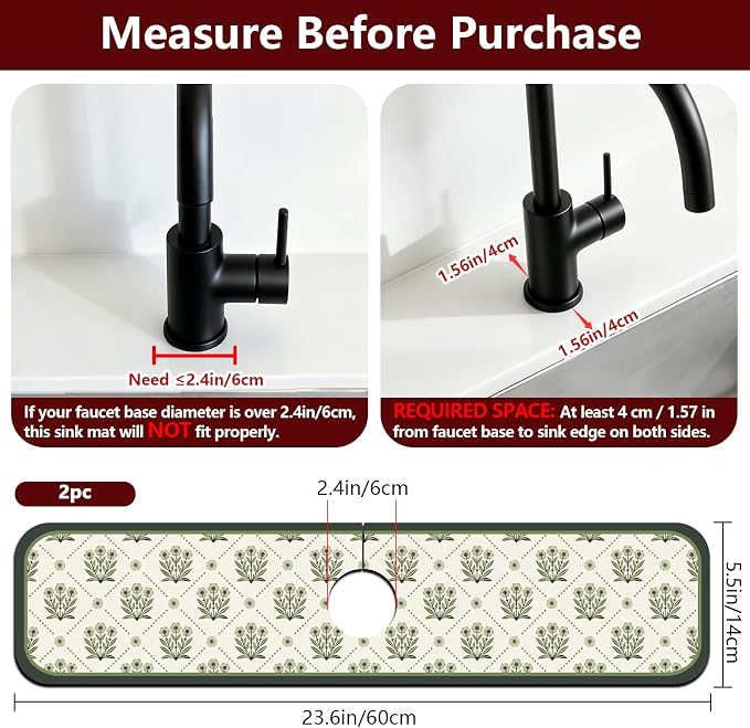 2 Pcs Kitchen Sink Splash Guard Faucet Mat Green Flowers Faucet Mats - Image 2