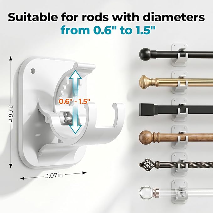 No Drill Curtain Rod Brackets-20LB, 4 Pack Self Adhesive Curtain Rod Holder | - Image 2