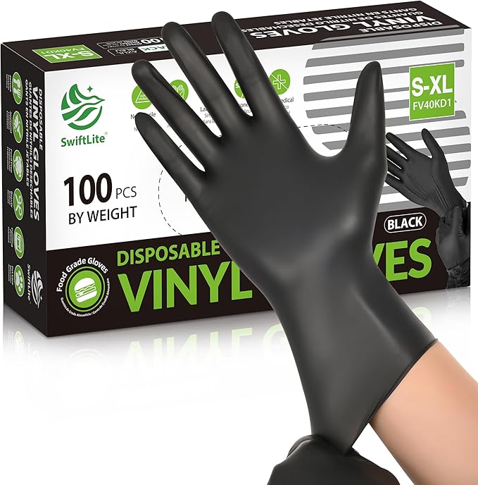 Black Vinyl Gloves, Food Grade Gloves Disposable Latex Free | Powder Free by SWIFTLITE