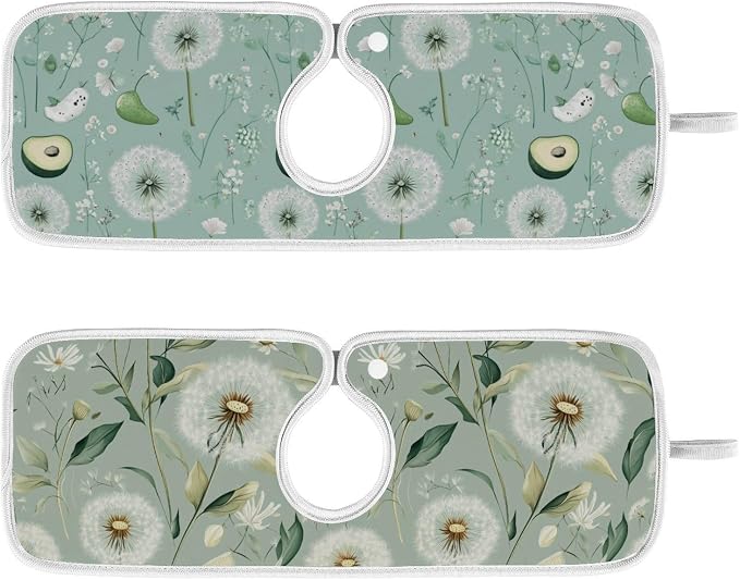 Sage Green Dandelion Mint Green Floral Avocado Sink Mat by Tatenale