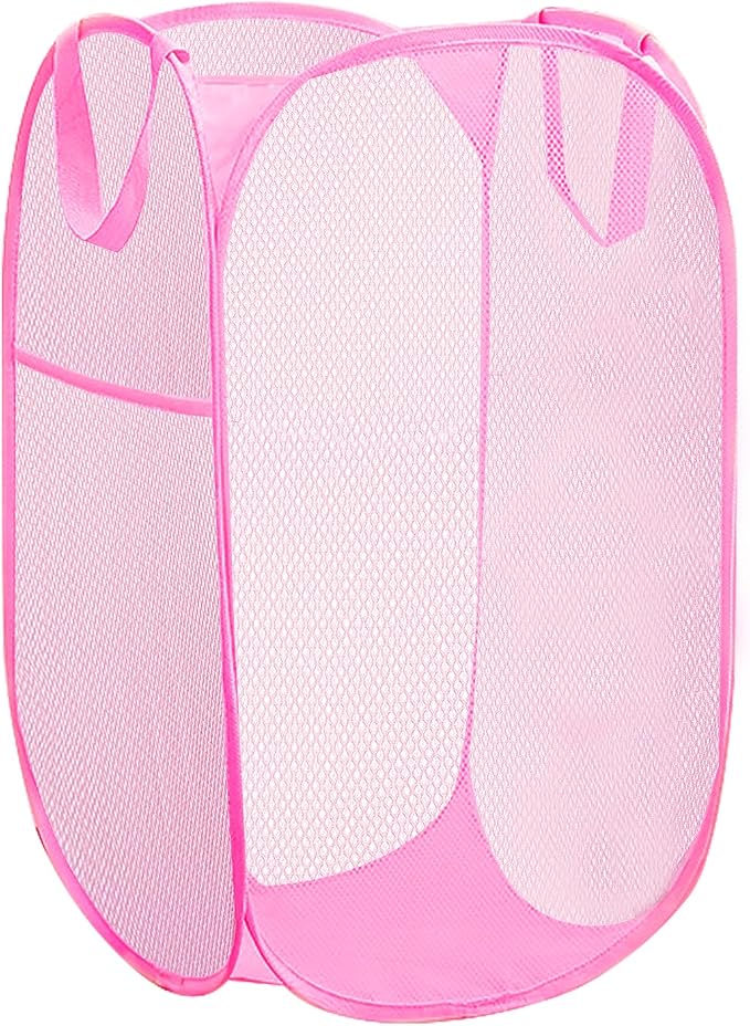 Portable Mesh Pop Up Laundry Hamper Reinforced Pink Vertical Collapsible by Aplter