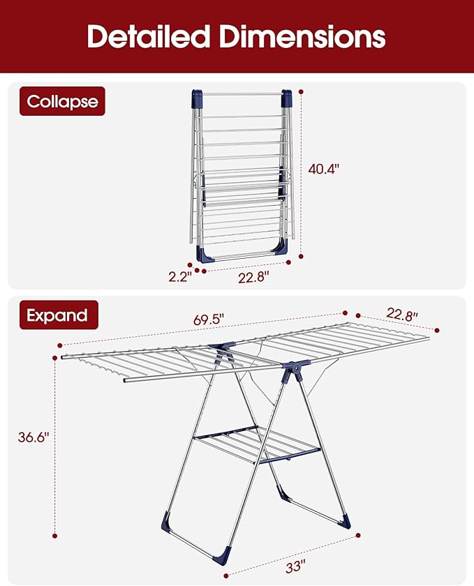 Sakugi Clothes Drying Rack, 69.5" Adjustable Wings, Foldable Design | Laundry - Image 3