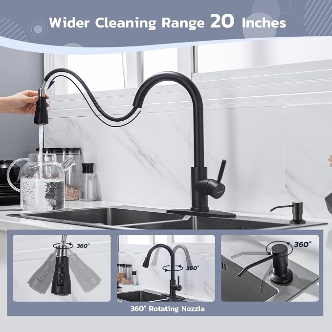 WEWE Kitchen Faucet with Soap Dispenser Set, Matte Black | 3-Mode Sprayer - Image 5