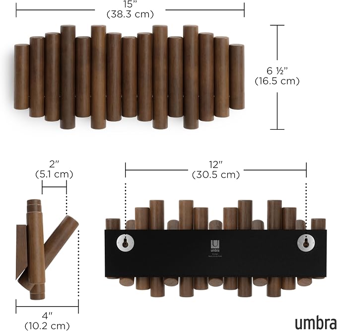 Umbra Picket Coat Rack, Wall Mount 5 Flip-Down Coat Hooks, Walnut | Beveled - Image 3