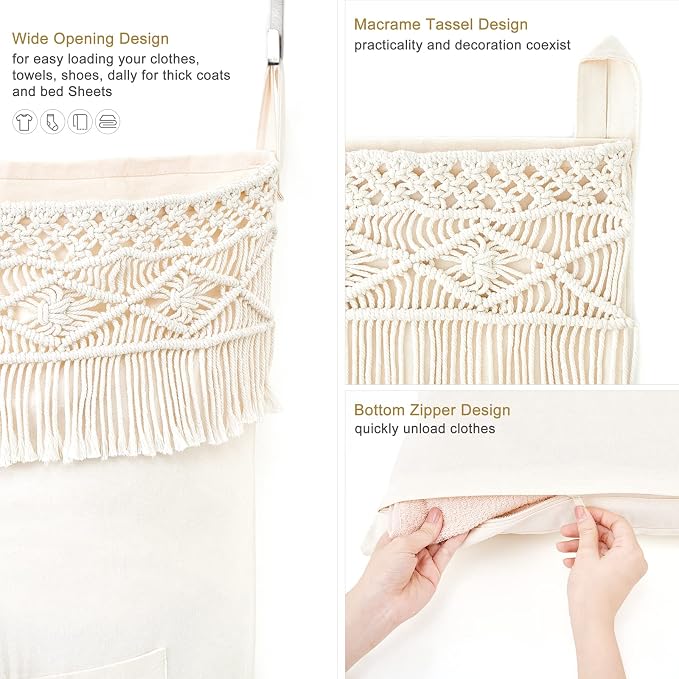 Mkono Macrame Over The Door Laundry Hamper, Hanging Laundry Bag - Image 3