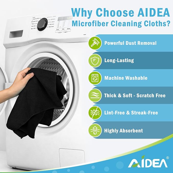 AIDEA Black Microfiber Cleaning Cloth-12PK, Absorbent Cleaning Rags 12"x12" | - Image 3