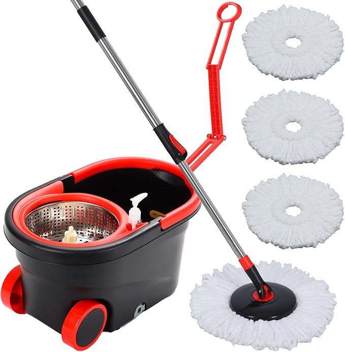 Spin Mop and Bucket with Wringer Set on Wheels, 3 Mop Heads by CooFel