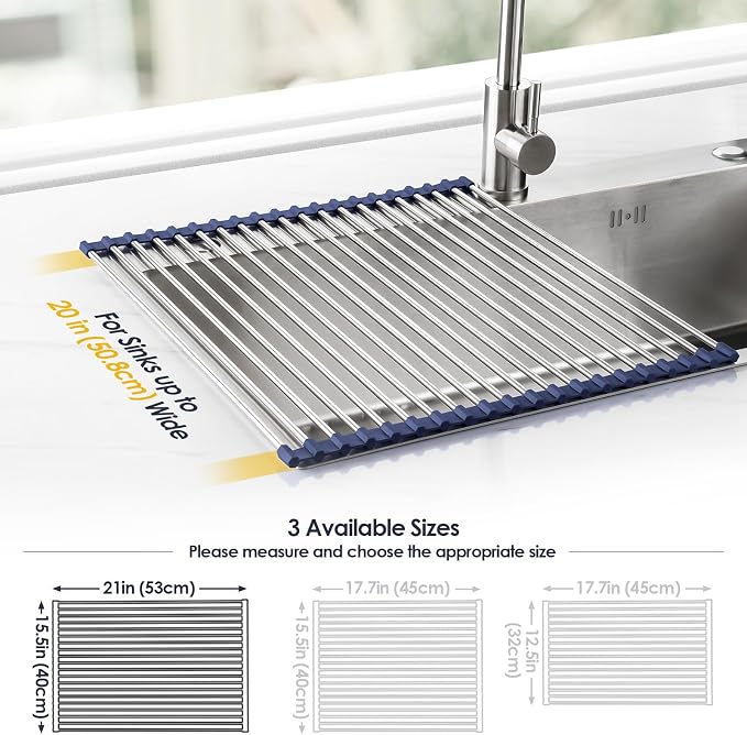 Tomorotec Roll Up Dish Drying Rack Over Sink, 304 Steel, Indigo | Anti-Slip - Image 4
