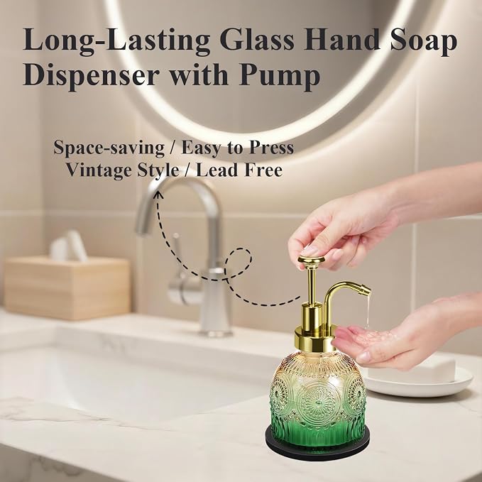Amolliar 8 Oz Glass Soap Dispenser Plastic Gold Pump, Vintage/Farmhouse/Boho - Image 4