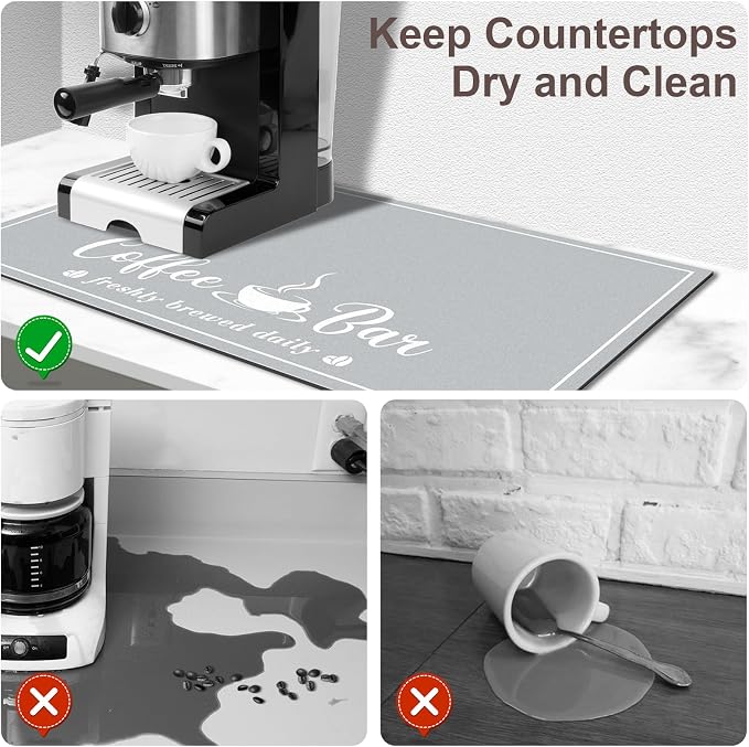 CooRug Fashion Coffee Mat, Dish Drying Mat 16" x 24" Light Grey | Hide Stain - Image 3