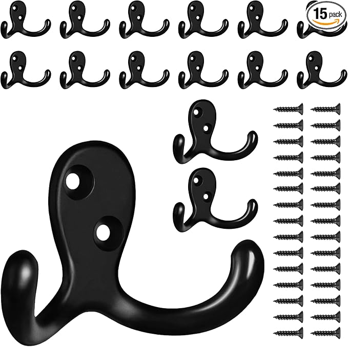 15 Pack Coat Hooks Wall Hooks for Hanging, Heavy Duty Double Prong Metal Hook by CBWLWJ