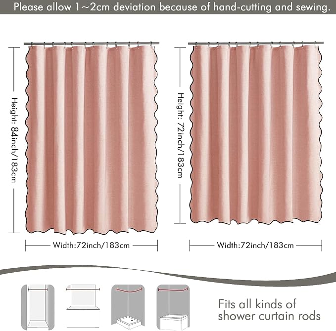 MIULEE 72"x84" Extra Long Scalloped Linen Shower Curtain Blush Pink - Image 6