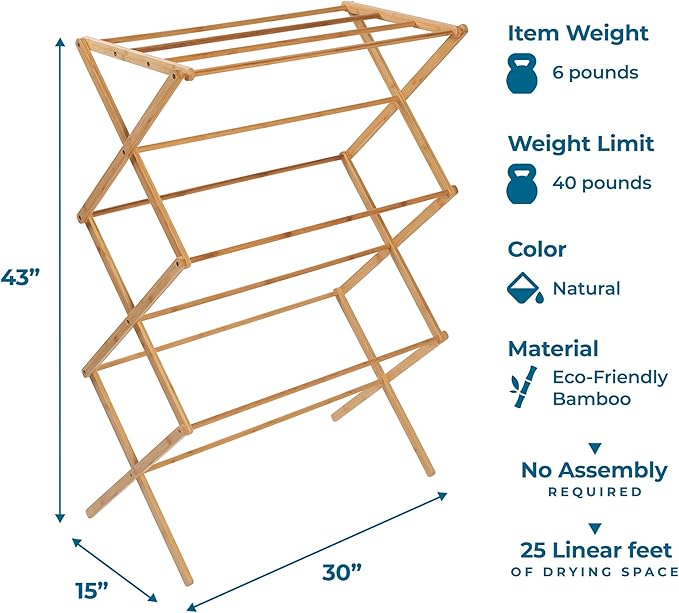 Honey-Can-Do Collapsible Bamboo Drying Rack – Sturdy & Foldable Laundry Drying - Image 7