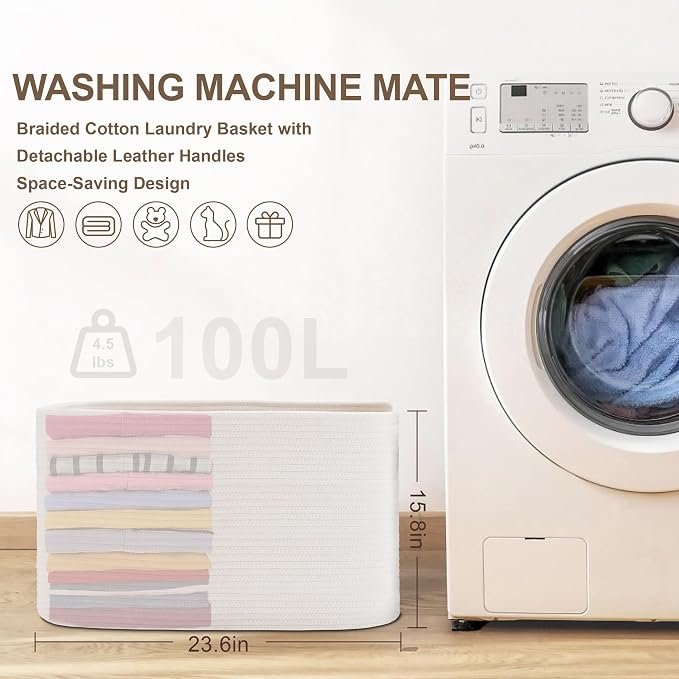 100L Extra Large Woven Laundry Basket Hamper - Image 8
