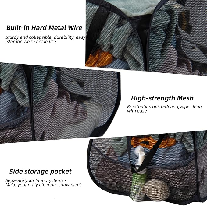Collapsible Laundry Basket 90L, Mesh Pop-up Hamper, Side Storage Pocket - Image 3