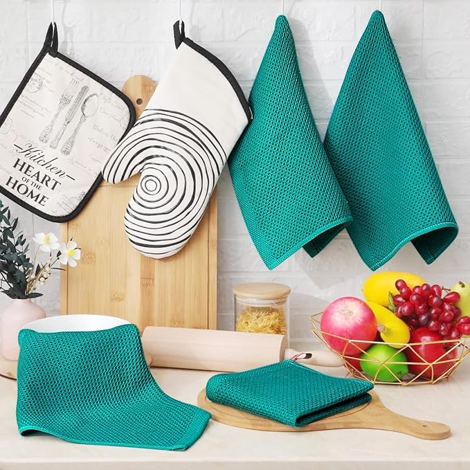 Homaxy 100% Cotton Waffle Weave Kitchen Dish Cloths 8-Pack, Teal | 12 x 12 - Image 6