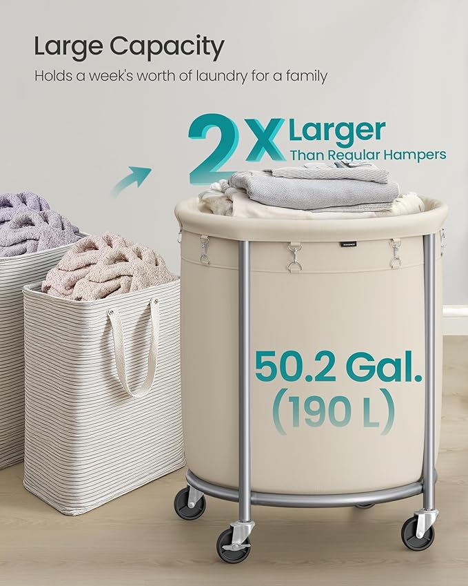 SONGMICS Laundry Basket with Wheels, Steel Frame, Removable Bag - Image 3
