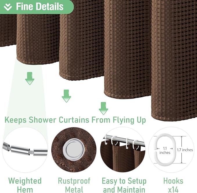 Dynamene Extra Wide Waffle Shower Curtain 256 GSM Fabric 84x72 Brown - Image 6