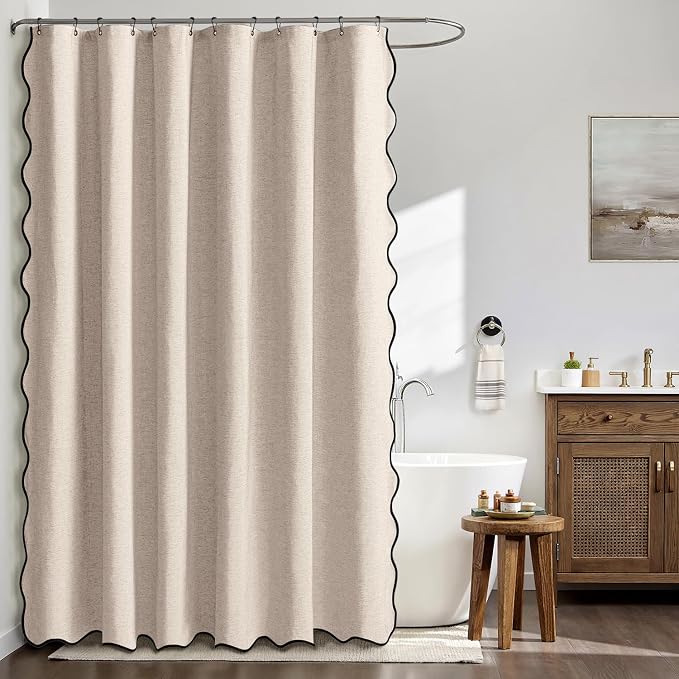 MIULEE Beige Extra Long Scalloped Linen Shower Curtain 72x80 Inches - Image 3