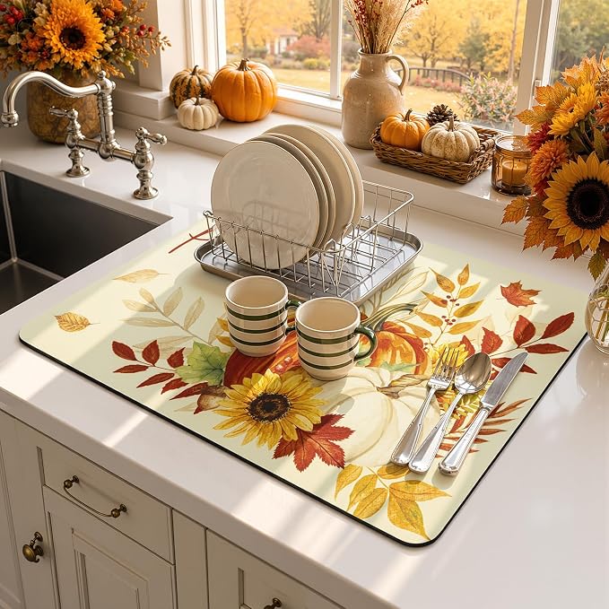 LOKHOM 18"x24" Fall Dish Drying Mat，Autumn Harvest Hello Pumpkin Sunflower | - Image 9