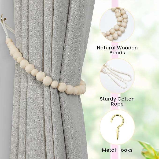 KLOGTSIND Wood Bead Curtain Tiebacks, 2 Pack Curtain Tie Backs - Image 3