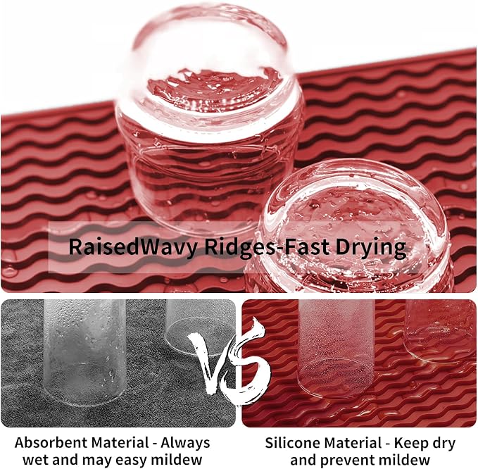 ZLR Silicone Dish Drying Mat for Kitchen Counter, Lava Red | Fast-Dry Wavy - Image 2