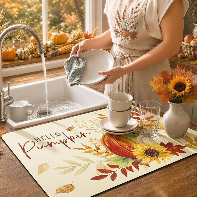 LOKHOM 18"x24" Fall Dish Drying Mat，Autumn Harvest Hello Pumpkin Sunflower | - Image 4